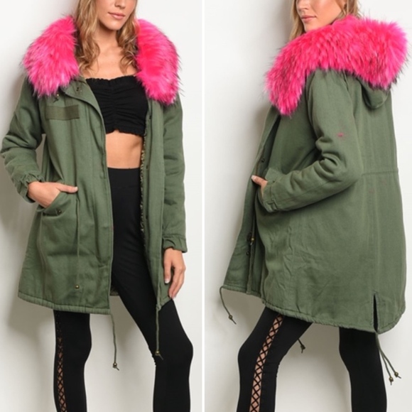 Dance & Marvel Army Green Parka Jacket Women’s M Pink Faux Fur Hood Lined Coat - Picture 1 of 16